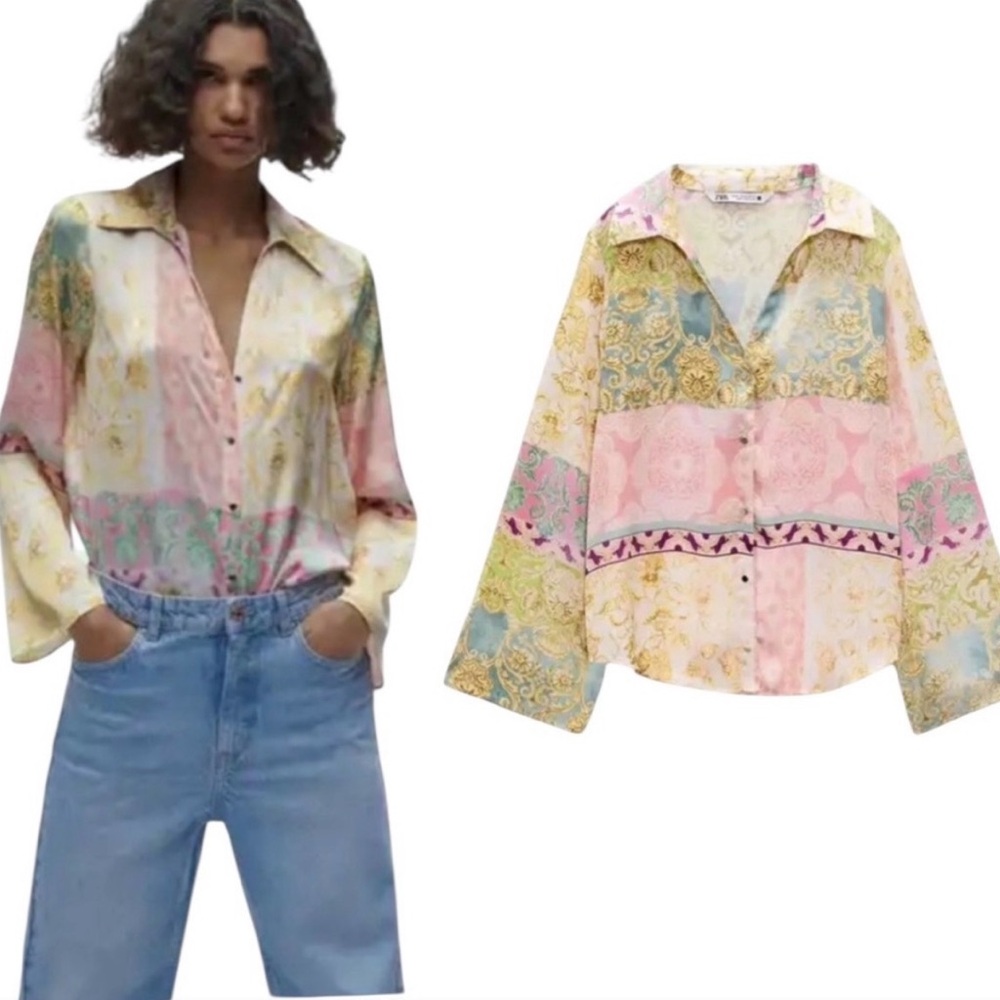 Zara Pastel Patchwork Satin-Look Button Down Shirt - Pink/Yellow/Blue/Green